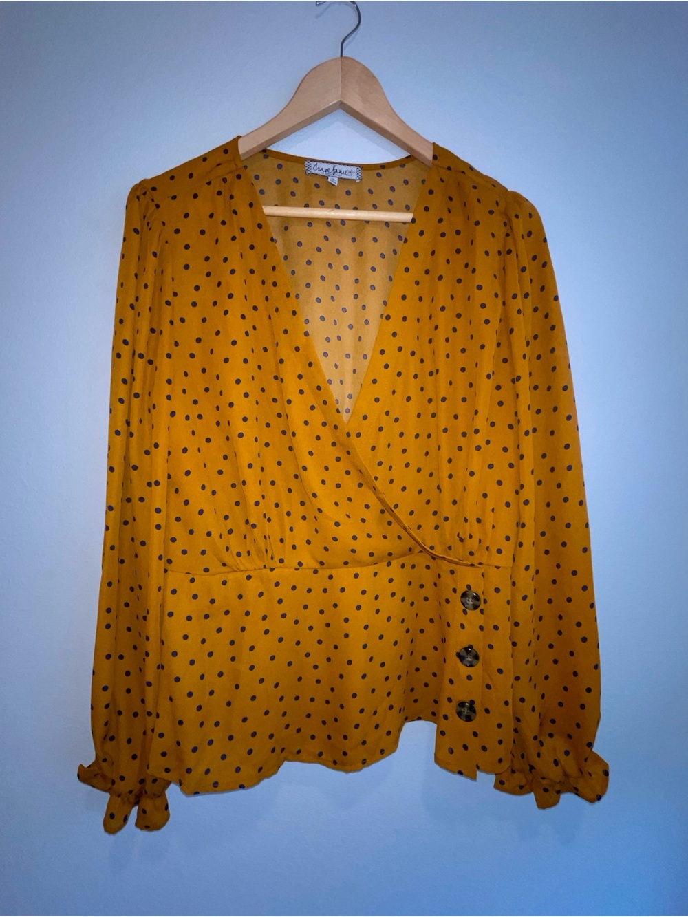 Mustard Yellow Polka Dot Faux Wrap Blouse XL Boho Side Button Long Sleeve Top